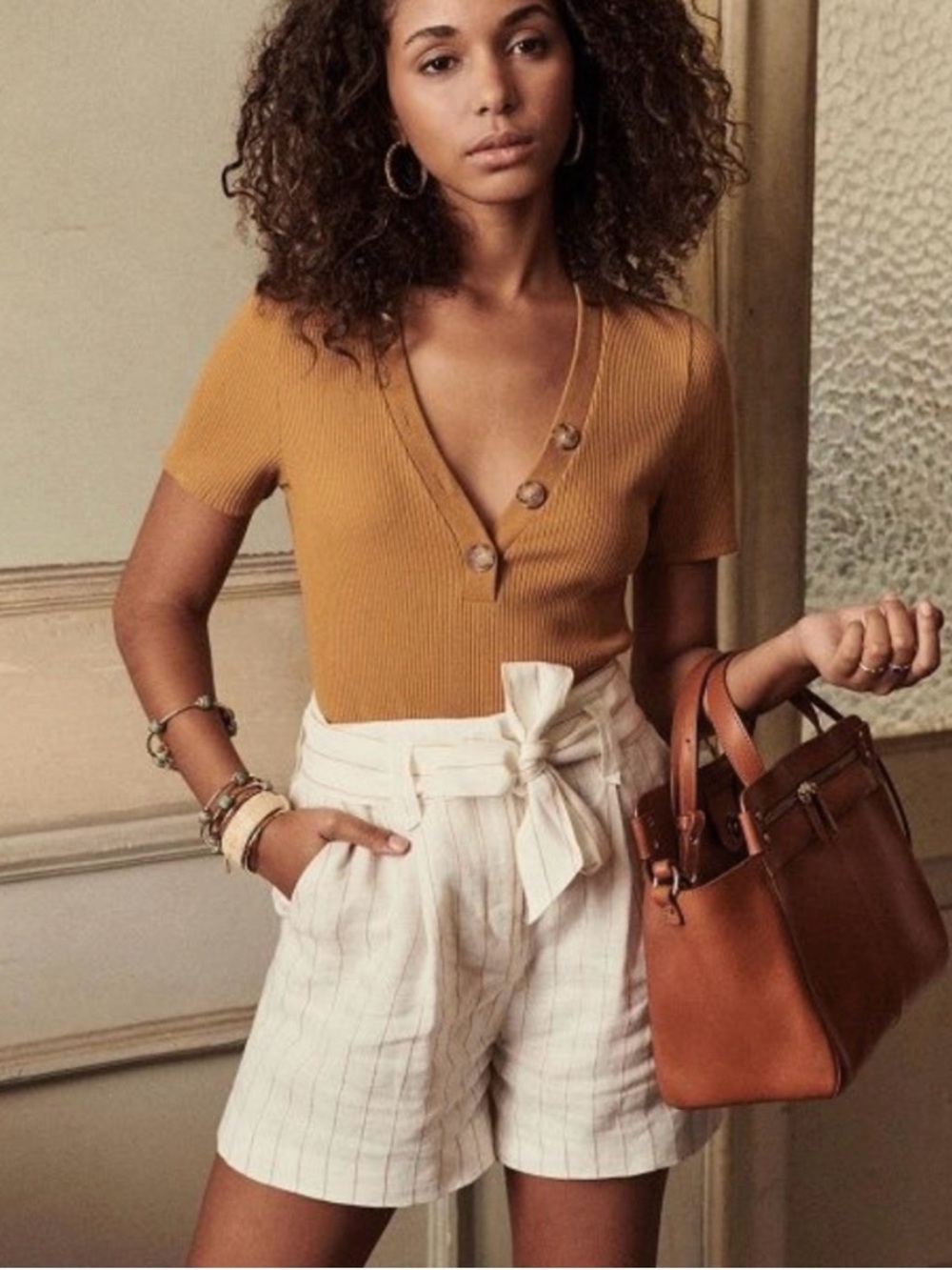 Sezane Tan Ribbed V-Neck Short Sleeve Top with Button Detail